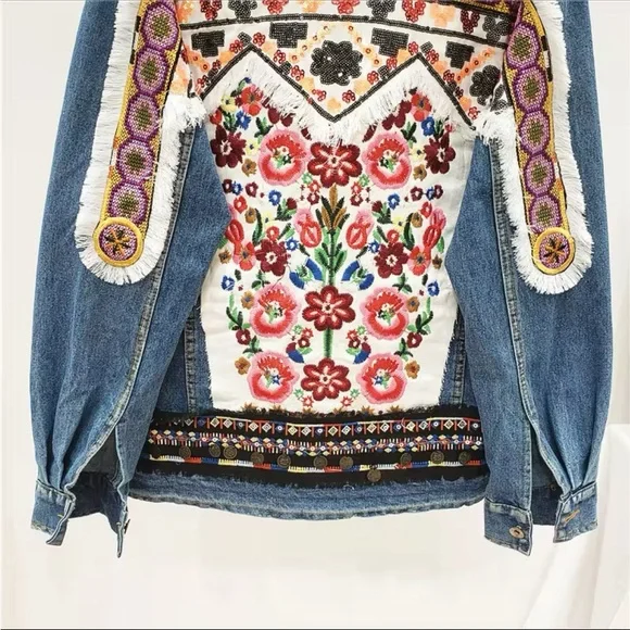 Denim bohemian stitched Aztec tribal floral embroidered denim jacket coat - Picture 7 of 16